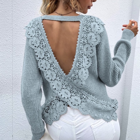 Cozy Grey Floral Embroidered Oversized Lace Sweater - Picture 5 of 7